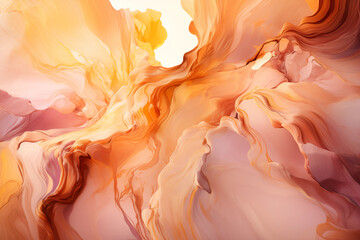 A detailed view of an abstract painting with a vibrant sun in the background. Mesmerizing swirls and ripples of orange and pink hues intertwined with golden specks  - obrazy, fototapety, plakaty