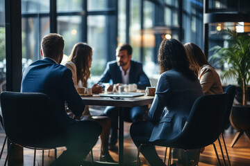 Corporate meeting with successful business people in modern workstation building Generative AI