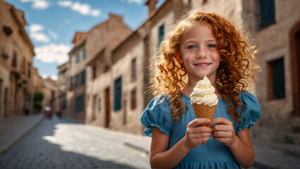 Girl child eating delicious vanilla ice cream in the city on a sunny summer day.