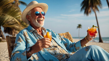 Cheerful senior man drinking refreshing cocktails on the luxury sea beach at sunset in the summer, against the backdrop of the blue sky. - 775000491