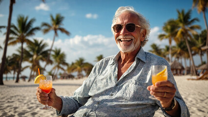 Cheerful senior man drinking refreshing cocktails on the luxury sea beach at sunset in the summer, against the backdrop of the blue sky.