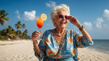 Cheerful elderly woman relaxing in the summer and drinking a refreshing cocktail on the sea beach, against the backdrop of a blue sky.