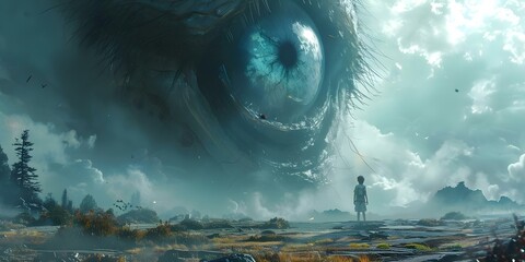 A boy walks on a strange planet towards a giant alien creature with a huge blue eye. Concept Sci-fi, Adventure, Exploration, Extraterrestrial Encounter, Otherworldly Wildlife