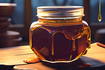 A jar of honey with a wooden dipper sticking out. Generative AI