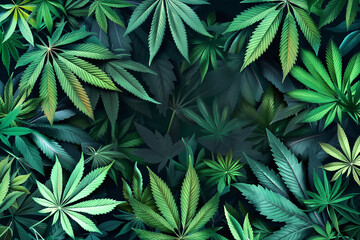Cannabis (or hemp or marijuana) green leaves background, cannabis growing plant in a farm illustration - 775001005