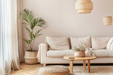 Living room interior design in scandinavian style with sofa, furniture and home decor - obrazy, fototapety, plakaty