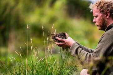agricultural farmer Holding soil in a hand, feeling compost in a field in Tasmania Australia. soil...