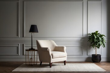 Minimalistic modern room interior design with a white sofa chair and a lamp on a table	