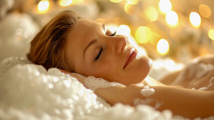 Serene spa day, a woman enjoys a peaceful moment of pampering and care