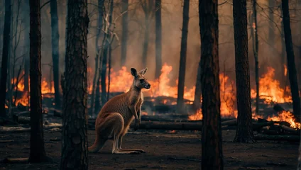 Fotobehang kangaroo in the fire forest © Te