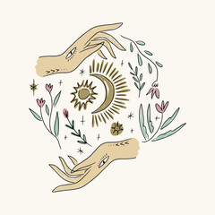 Boho mystical Reiki fine art hand drawn style logo or icon of magic hands. Floral celestial moon herbal set. Perfect for fashion, skin care, wellness, spa, yoga concept illustrations vector - 775001481