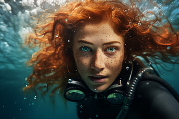 AI generated photo picture of happy diver swimming exploring underwater world