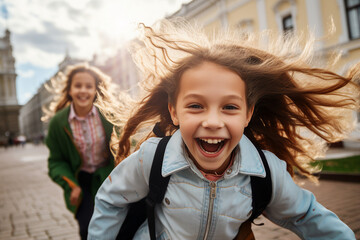 Generative AI photo of happy teenage children studying together - obrazy, fototapety, plakaty