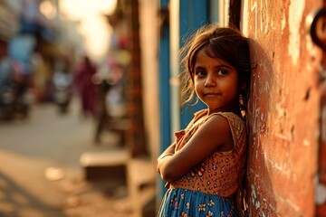 Portrait of a beautiful little girl in the street. India.