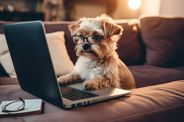 AI generated picture of best human friend animal looking laptop screen