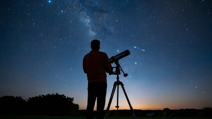 silhouette of an astronomer with big telescope on tripod at night with clear sky filled with stars. far from city