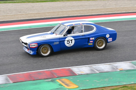 Scarperia, 2 April 2023: Ford Capri RS 2600 1973 in action during Mugello Classic 2023 at Mugello Circuit in Italy.
