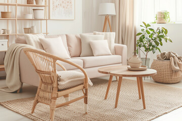 Living room interior design in scandinavian style with sofa, furniture and home decor (beige and light brown colors)