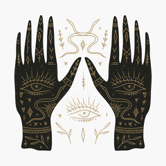 Black gold boho mystical Reiki fine art hand drawn style logo or icon of magic hands. Floral celestial moon herbal set. Perfect for fashion, skin care, wellness, spa, yoga concept illustrations vector - 775002237