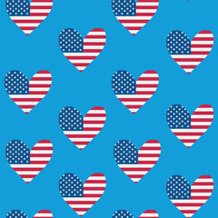 American Flag in the shape of hearts seamless pattern. For fourth of July backgrounds, patriotic prints and American fabric