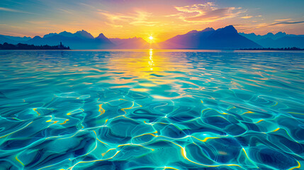 Serene lake surrounded by mountains at sunset, tranquil nature landscape