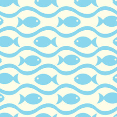 Simple Fish seamless pattern with pastel blue waves. For fabric, textile and swimwear.