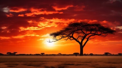 Sunset on African plains with acacia tree Kalahari desert South Africa silhouette concept - obrazy, fototapety, plakaty