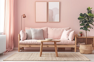 Pink living room interior design in scandinavian style with sofa, furniture and home decor. 