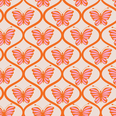 Cute Pink Butterflies on Orange Ogee ovals, Seamless Pattern. For home décor, wallpaper and fabric - obrazy, fototapety, plakaty