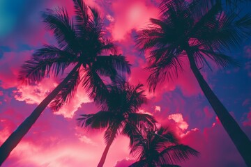 Fototapeta na wymiar Tropical Sunset with Palm Trees and Neon Colors