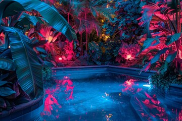 Neon Glow Over Tropical Urban Pool at Night - obrazy, fototapety, plakaty
