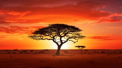Sunset on African plains with acacia tree Kalahari desert South Africa silhouette concept