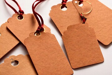 Product packaging mockup photo of kraft clothing or gift tags, studio advertising photoshoot