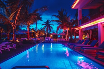 Fototapeta na wymiar Neon Paradise at a Luxury Tropical Resort After Dusk