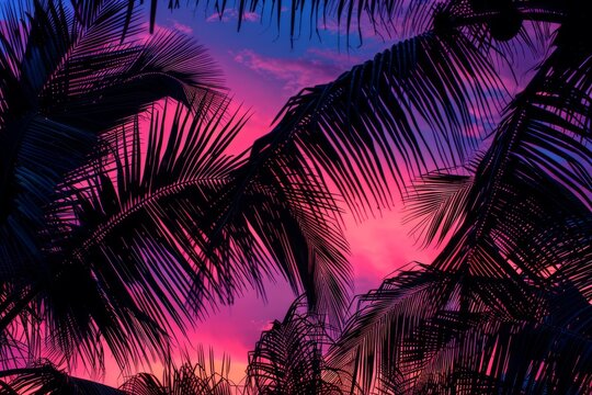 Neon Pink Sky with Silhouettes of Palm Trees