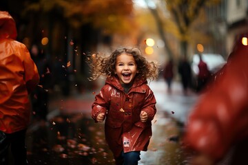 Portrait of a girl running in an autumn park in a red raincoat.