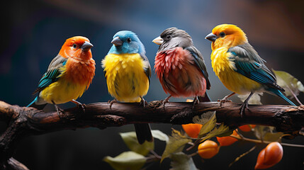 A group of captivating Gouldian Finches, each displaying its own unique combination of vibrant colors, perched on a sunlit branch. - obrazy, fototapety, plakaty