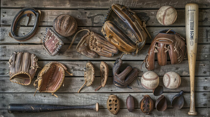A collection of vintage baseball equipment arranged neatly on a weathered wooden bench. Leather gloves, weathered baseballs, wooden bats, and old-fashioned catcher's masks - obrazy, fototapety, plakaty