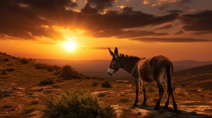 Fototapeta na wymiar Donkey observing sunset in Bulgaria and its unique European form silhouette concept
