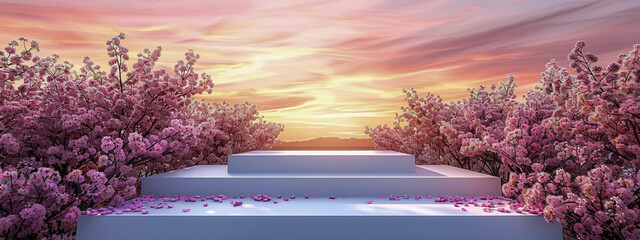 Seasonal Beauty in Nature, Spring Blossoms under a Sunset Sky