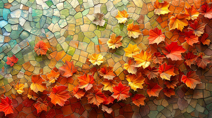 Seasonal fall leaves, bright yellow and red on textured background