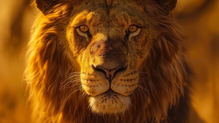 Majestic lion close up portrait with intense gaze and stunning mane in peaceful spotlight