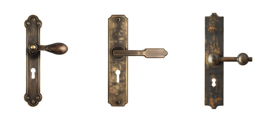 Antique doorknob set. Door handle. Door lever. With and without keyhole. Metallic doorknob collection. Isolated transparent background PNG. Victorian, Georgian, Edwardian. Copper, bronze, metal. 