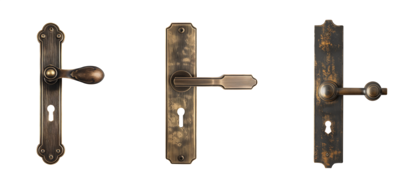 Antique doorknob set. Door handle. Door lever. With and without keyhole. Metallic doorknob collection. Isolated transparent background PNG. Victorian, Georgian, Edwardian. Copper, bronze, metal.  - Powered by Adobe