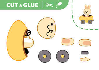 Cut and glue. Bunny driving yellow egg car. Applique. Paper game. Vector