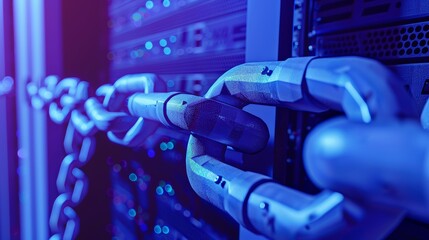 A chain formed from interlocking digital locks winds around a server rack, highlighting the interconnected nature of cyber security.
