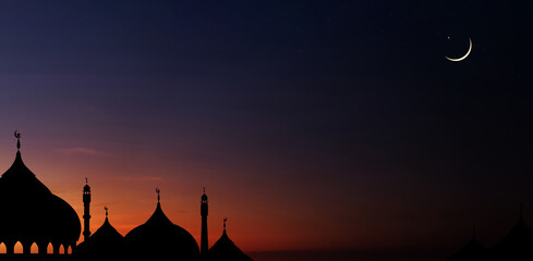 Night Sky with Star,Islamic card with Mosques dome,Crescent moon on Sunset sky, Ramadan Night with twilight dusk sky for Islamic religion,Eid al-Adha,Eid Mubarak,Eid al fitr,Ramadan Kareem,Muharram.. - obrazy, fototapety, plakaty