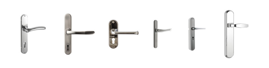 Classic doorknob set. Door handle. Door lever. With and without keyhole. Metallic doorknob collection. Isolated transparent background PNG.