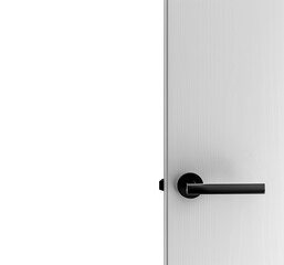 Door with doorknob. Simple minimalist open door with black knob. Isolated transparent PNG background. Opened door concept. Closing the door. Opening the door. Slick office white door.  - obrazy, fototapety, plakaty