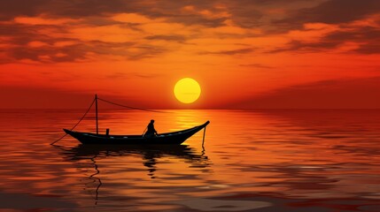 Fototapeta na wymiar Boat silhouette against a fiery sunset at sea